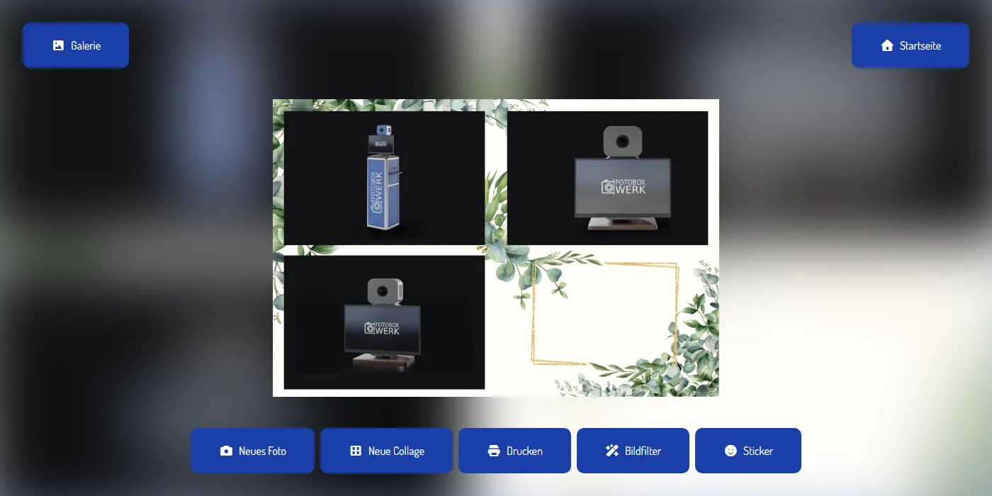 Ergebnisseite an der Fotobox mit Collage und den Schaltflächen Drucken, Bildfilter und Sticker
