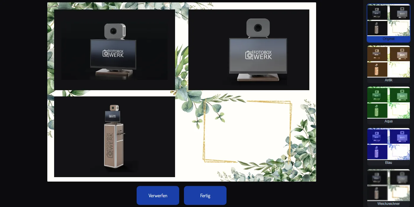 Bildfilter an der Fotobox als Vorschaukacheln neben dem Bild