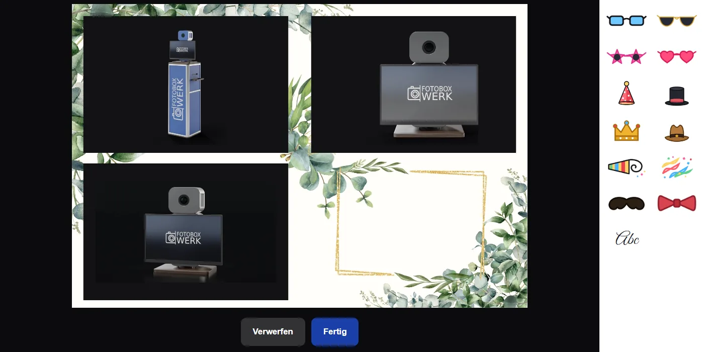 Stickerauswahl an der Fotobox mit zwölf Motiven neben dem Bild