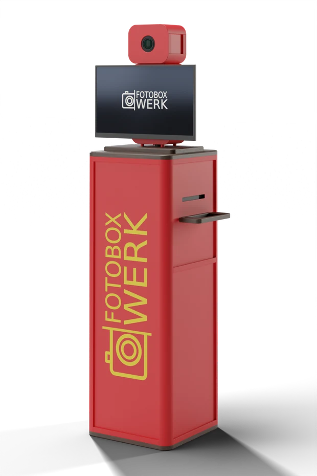 Fotobox vollständig in Rot foliert, Flächen und Profile, Logo hochkant in Gelb