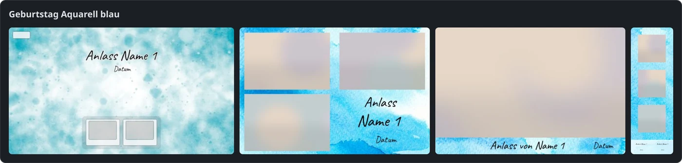 Vorlagen im Portal, je Vorlage Startbild, Collage, Einzelbild und Streifen